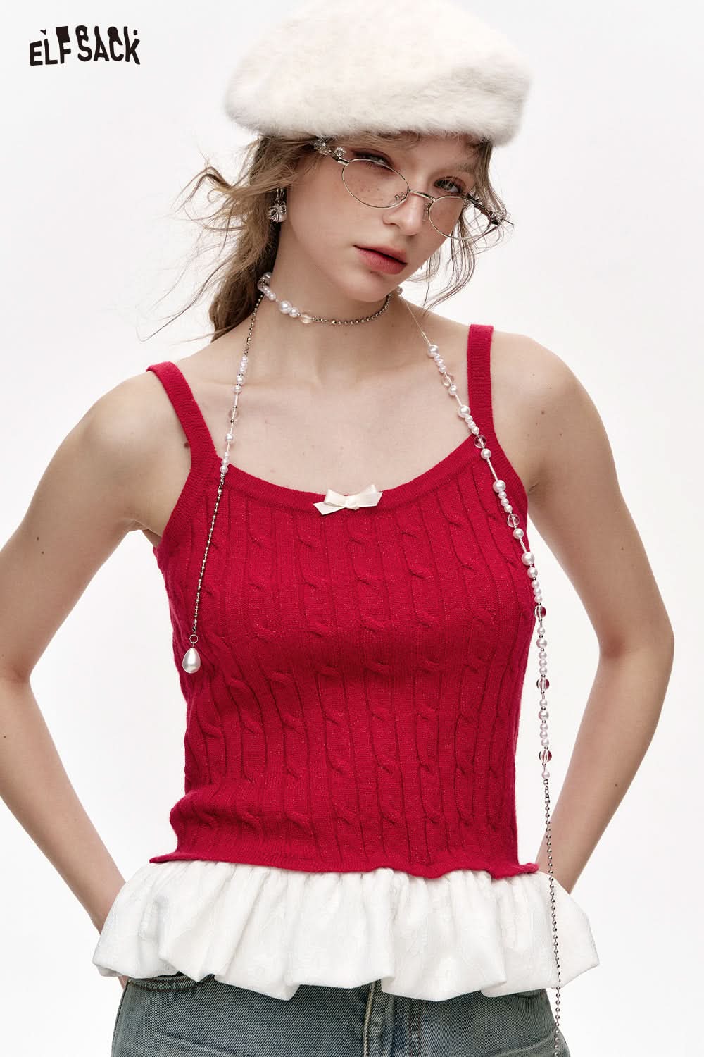 ELFSACK Lace stitching red knitted suspenders