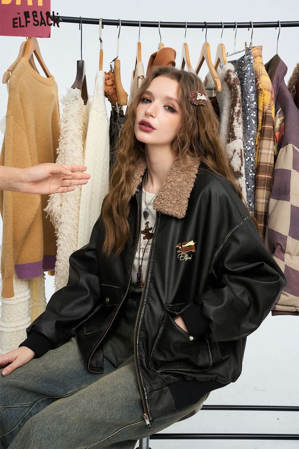 ELFSACK Dog embroidery retro street black PU leather jacket
