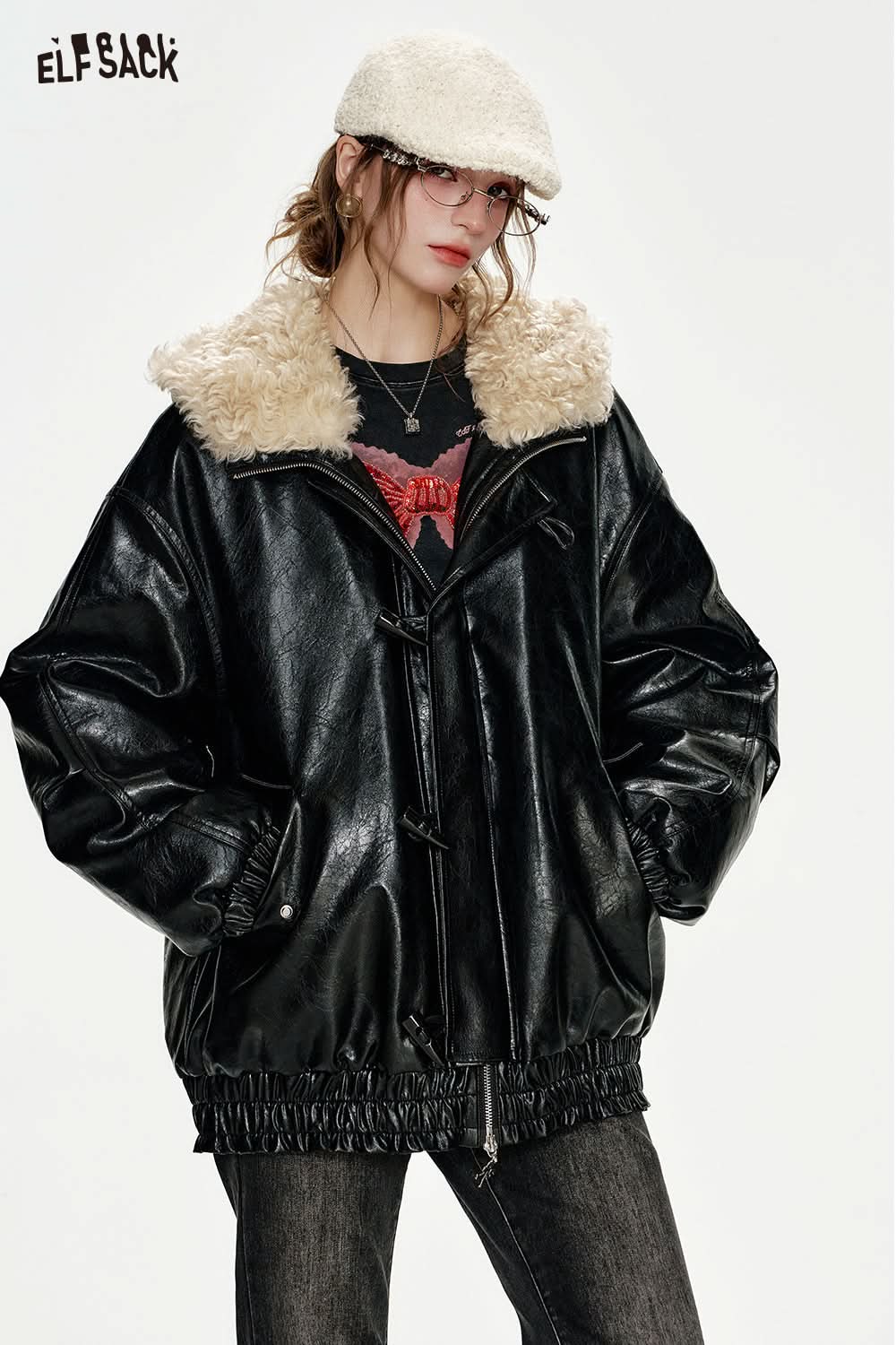 ELFSACK PU Black Large Faux Fur Collar Horn Button Leather Jacket