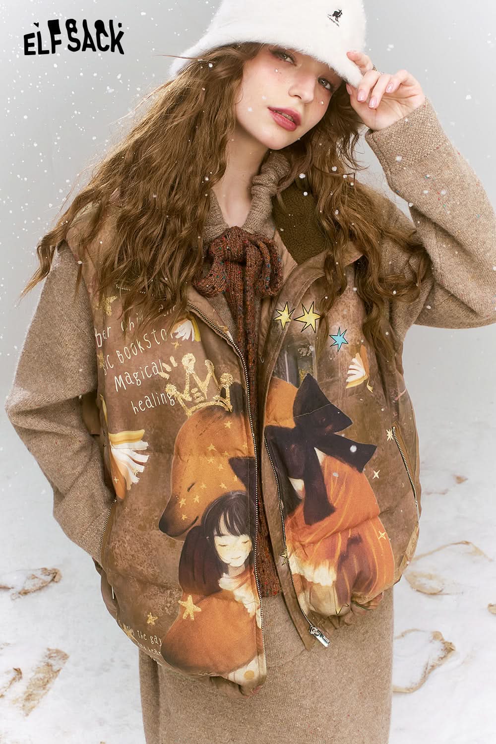 ELFSACK Original printed retro loose coffee bear warm down vest