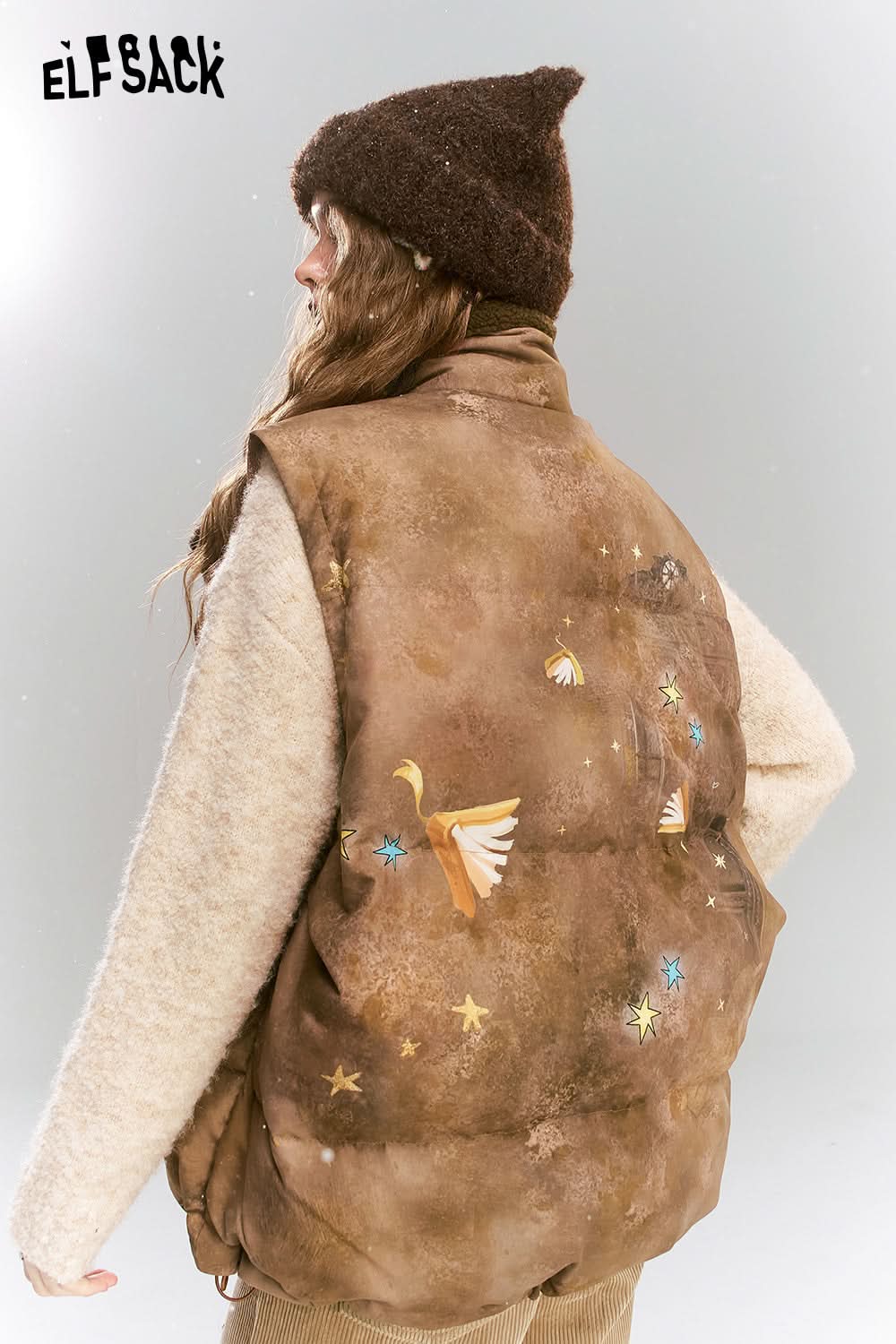 ELFSACK Original printed retro loose coffee bear warm down vest