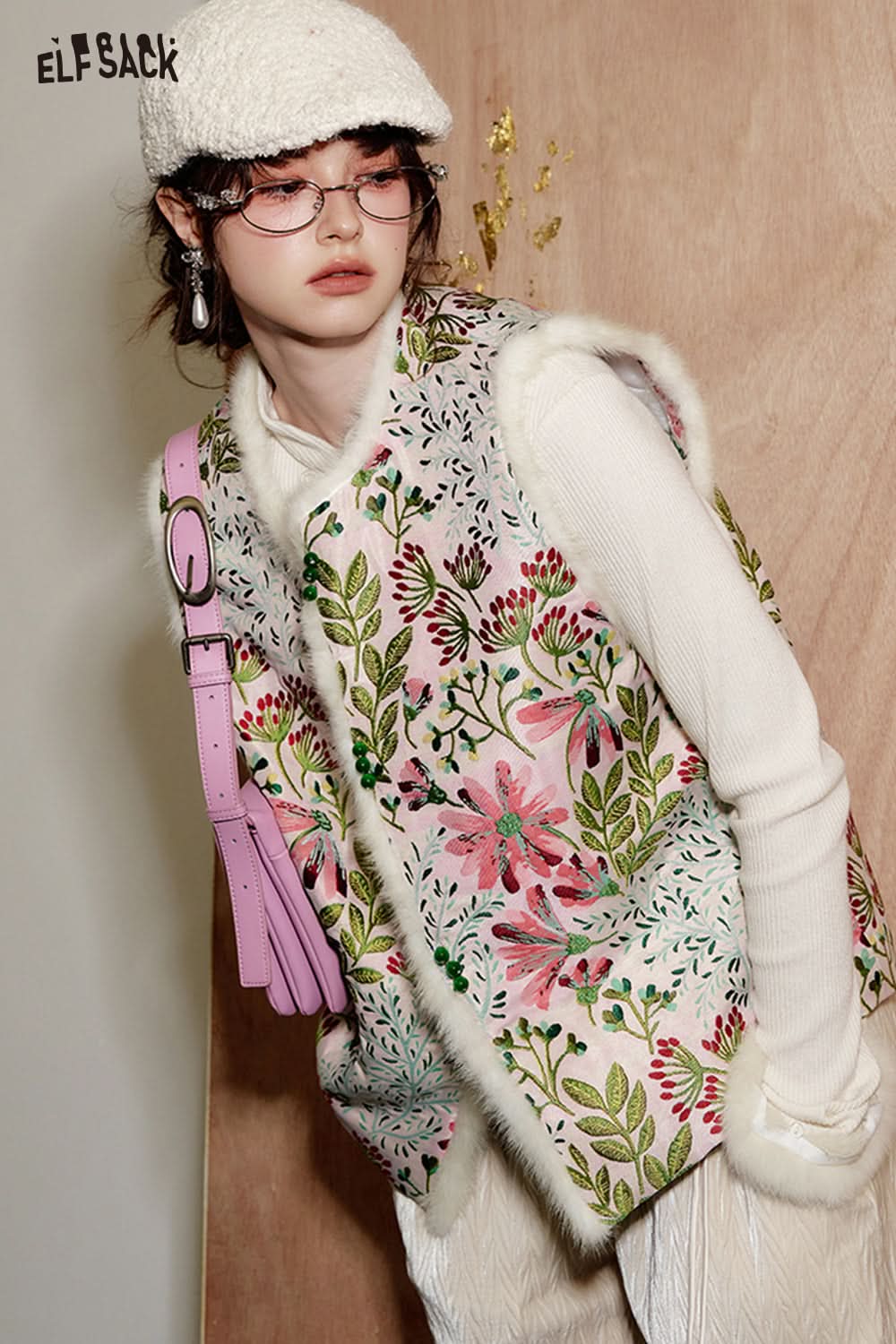 ELFSACK Neo-Chinese style thick warm vest plush stitching jacquard