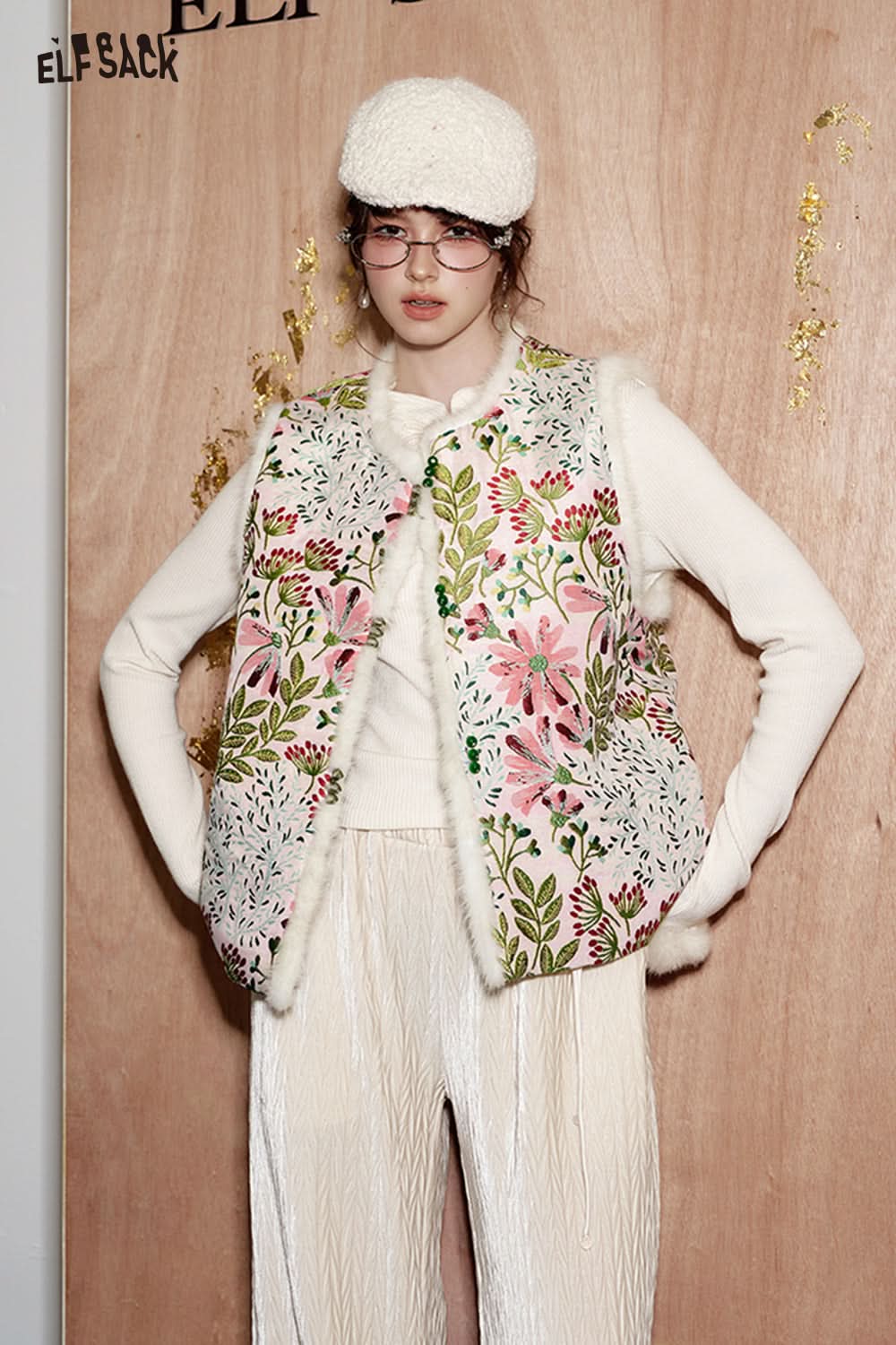 ELFSACK Neo-Chinese style thick warm vest plush stitching jacquard