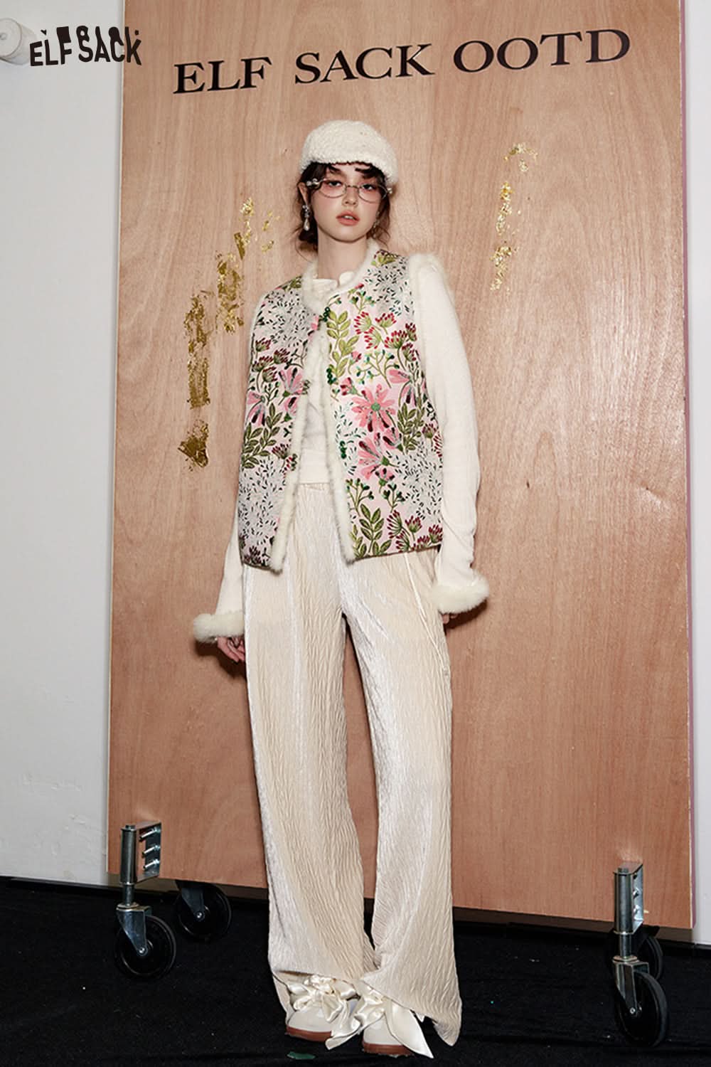 ELFSACK Neo-Chinese style thick warm vest plush stitching jacquard