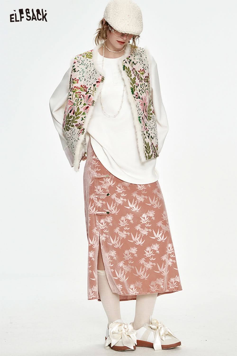 ELFSACK Neo-Chinese style thick warm vest plush stitching jacquard