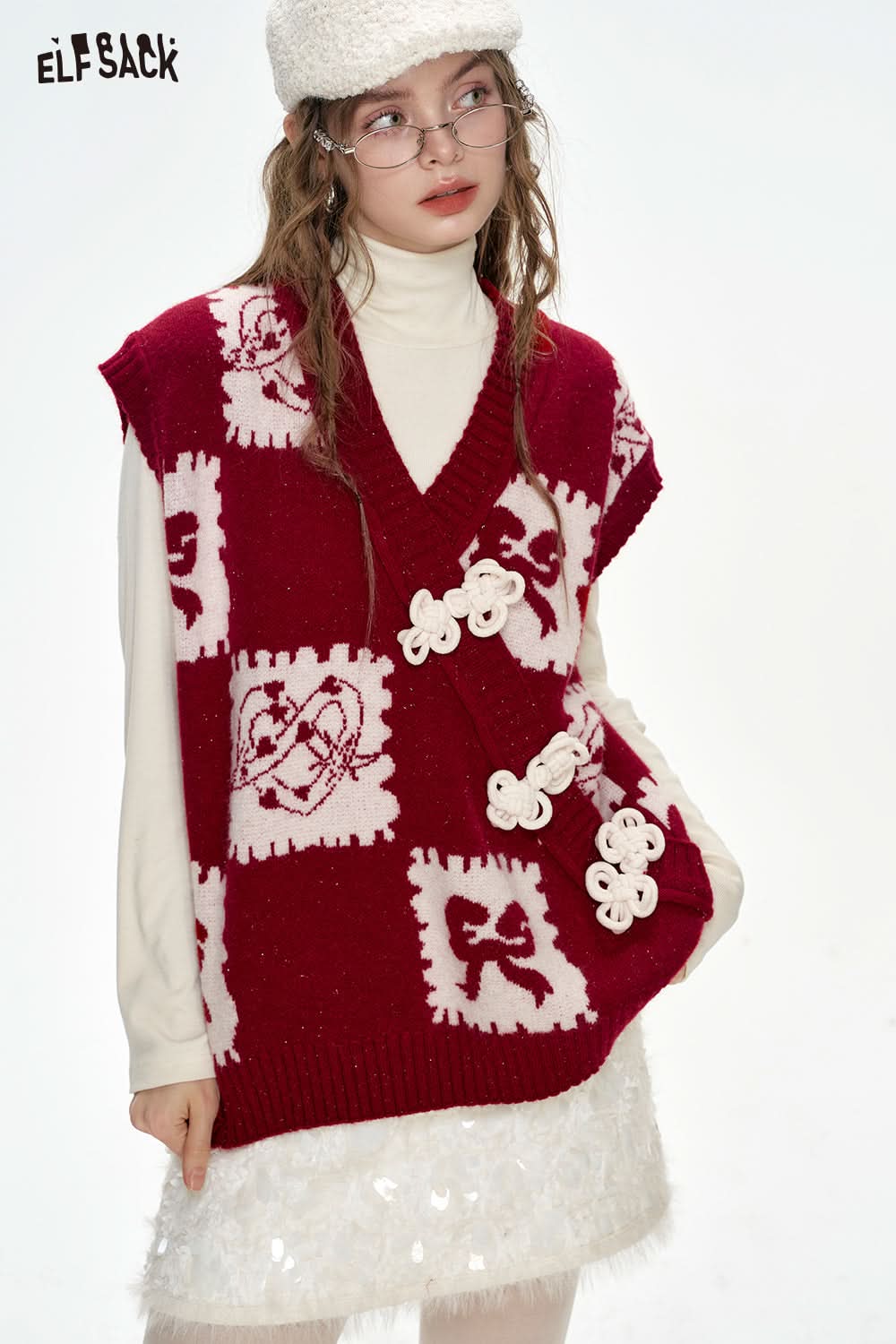 ELFSACK Neo-Chinese style red cartoon jacquard frog knitted vest