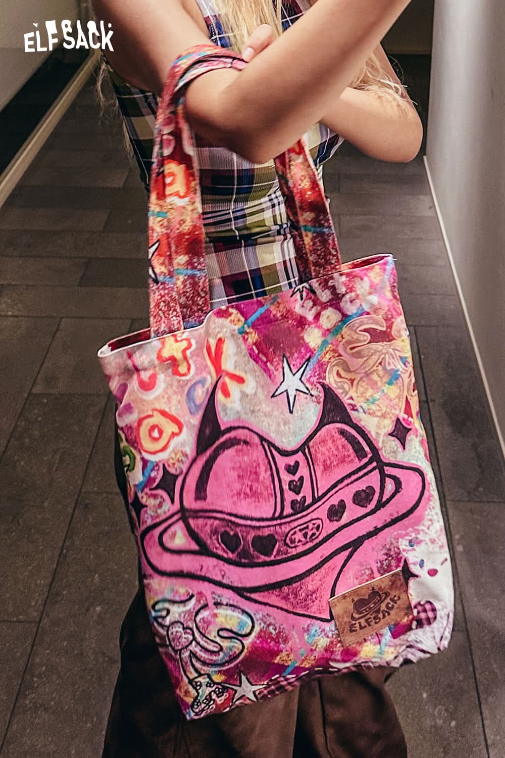 ELFSACK Y2K Pink Handbags Devil Heart Printed Canvas Bag Women