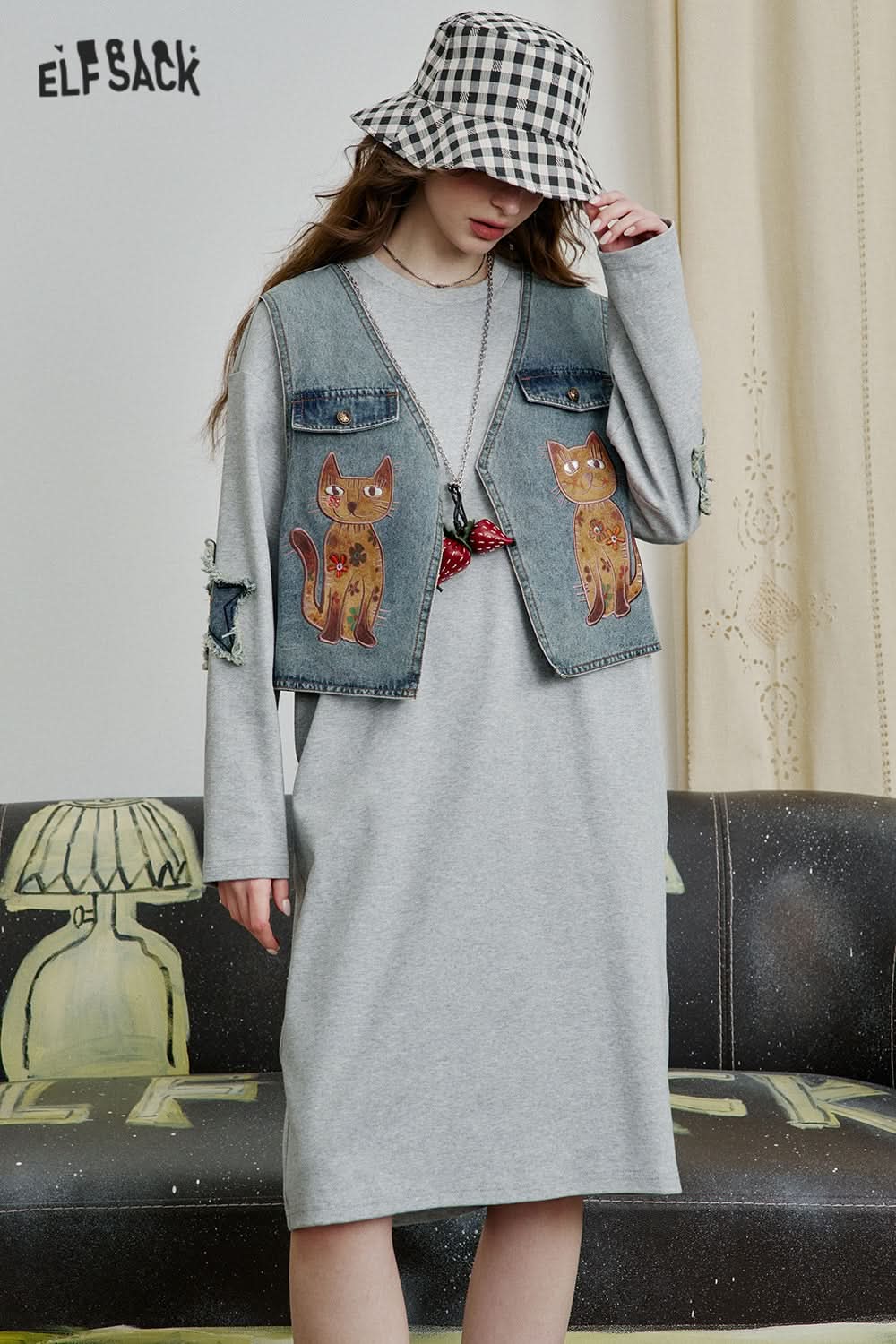 ELFSACK Fake Two Piece Cats Patch T-shirt Dress Women Denim Waistcoat Loose Casual Dress