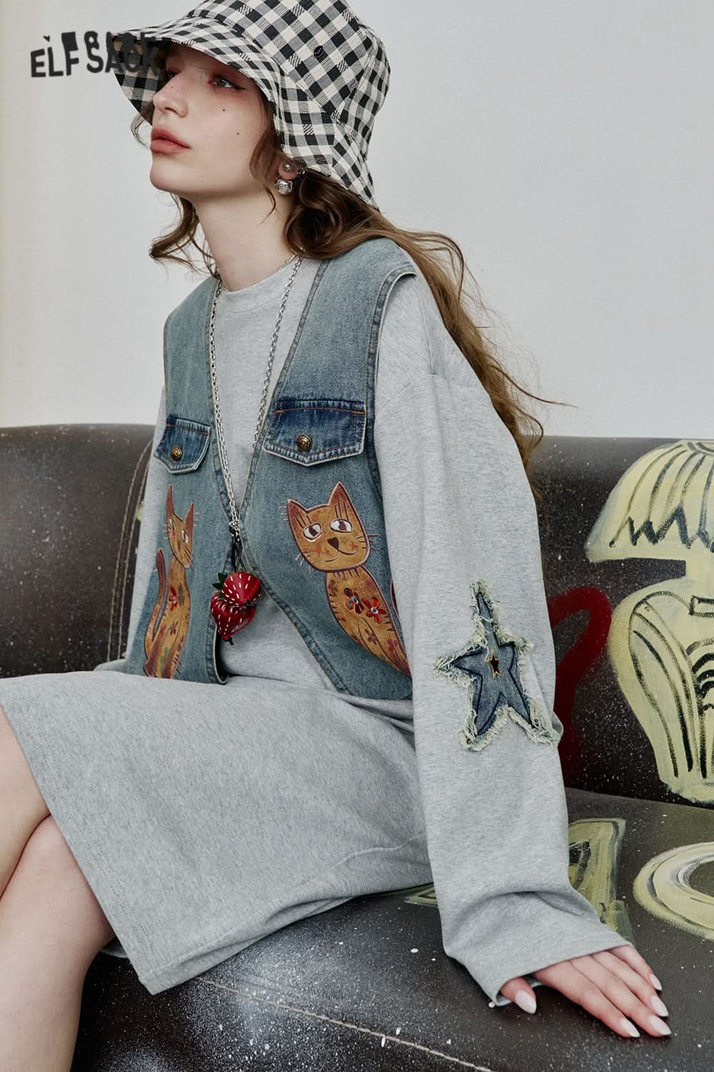 ELFSACK Fake Two Piece Cats Patch T-shirt Dress Women Denim Waistcoat Loose Casual Dress