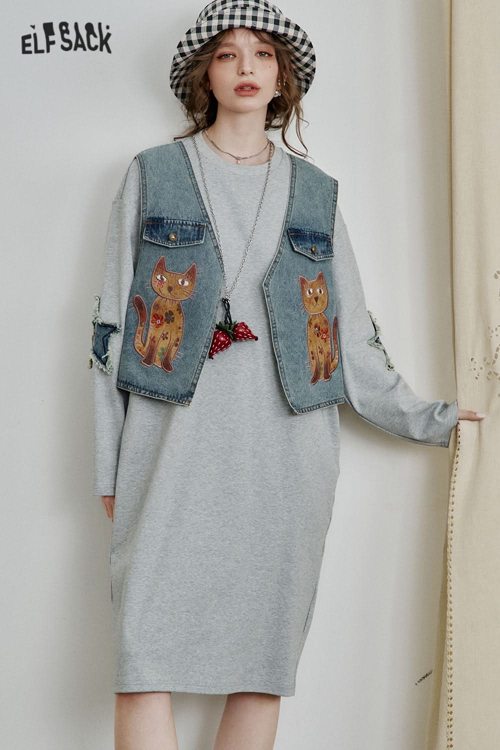 ELFSACK Fake Two Piece Cats Patch T-shirt Dress Women Denim Waistcoat Loose Casual Dress