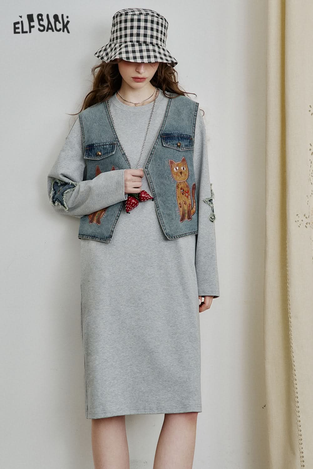 ELFSACK Fake Two Piece Cats Patch T-shirt Dress Women Denim Waistcoat Loose Casual Dress