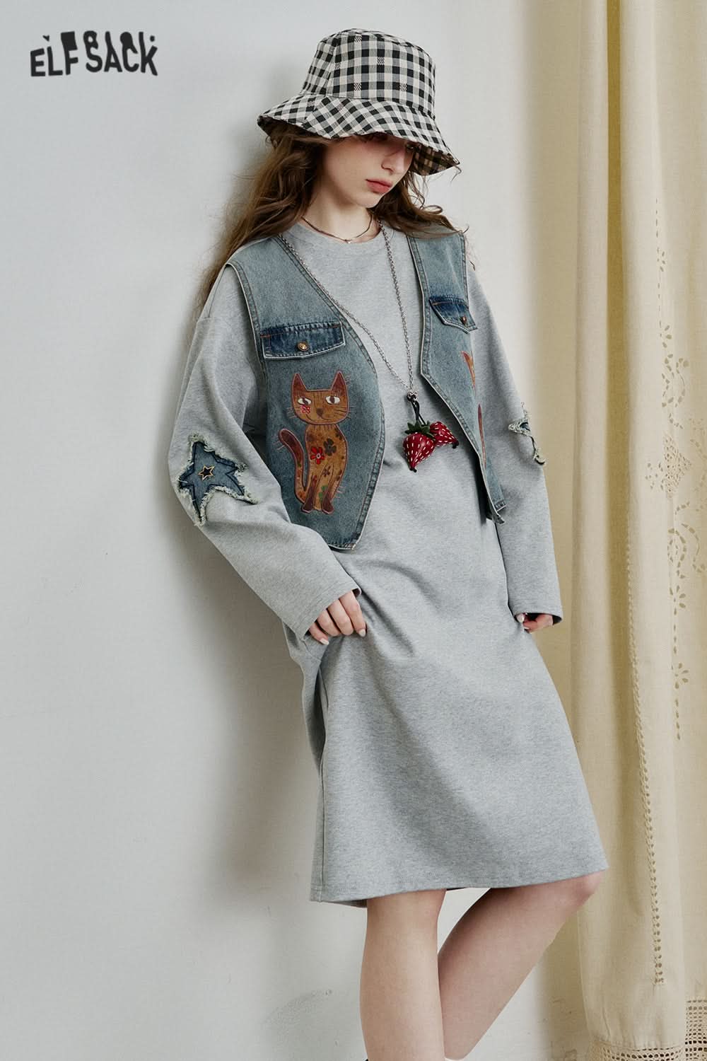 ELFSACK Fake Two Piece Cats Patch T-shirt Dress Women Denim Waistcoat Loose Casual Dress