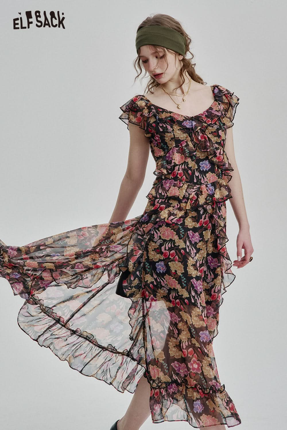 ELFSACK Elegant retro pleated ruffled short sleeves V-neck floral chiffon dress