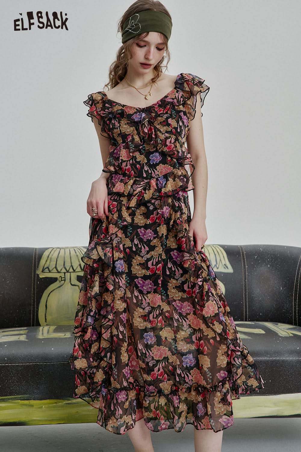 ELFSACK Elegant retro pleated ruffled short sleeves V-neck floral chiffon dress