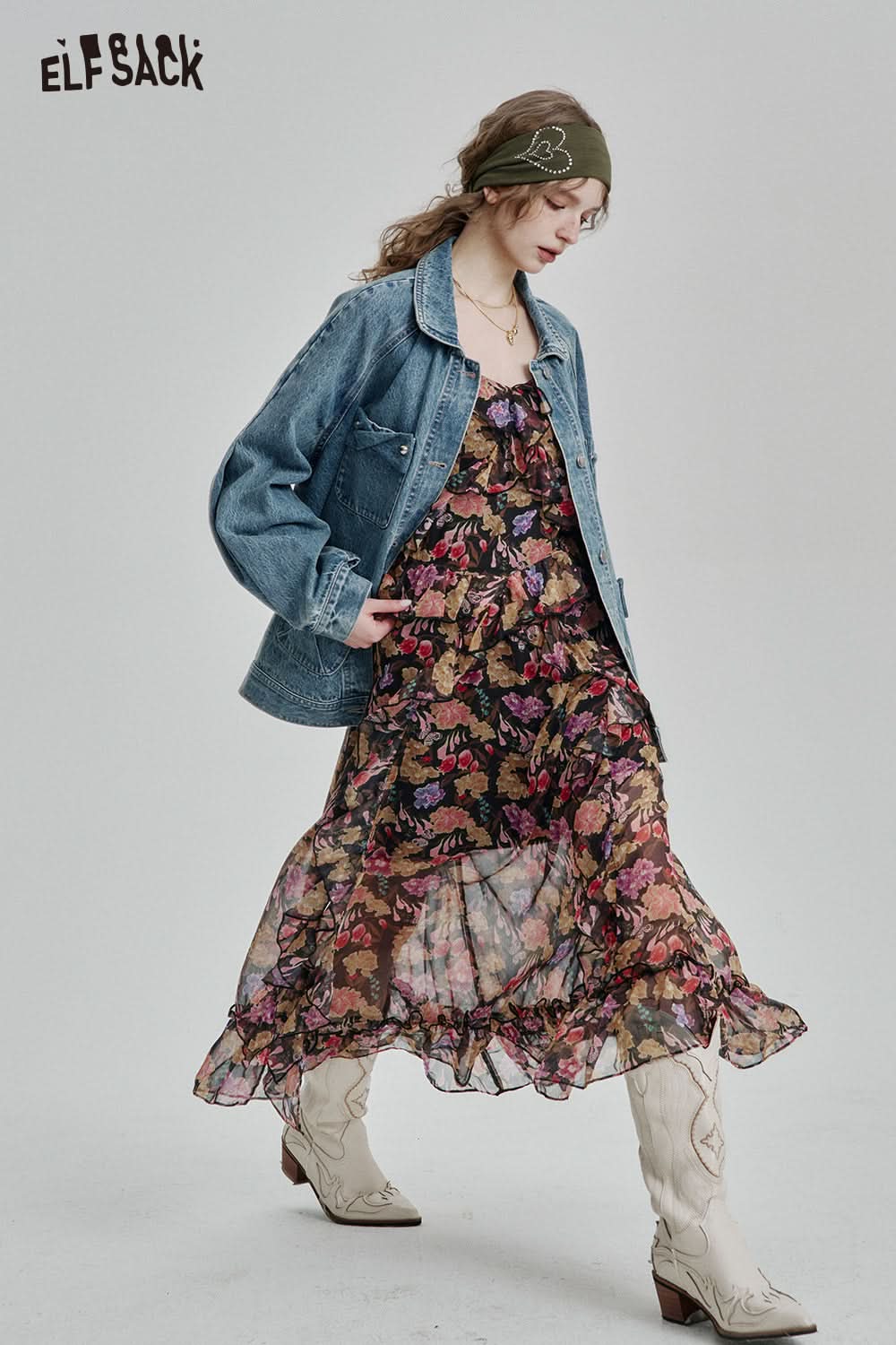 ELFSACK Elegant retro pleated ruffled short sleeves V-neck floral chiffon dress