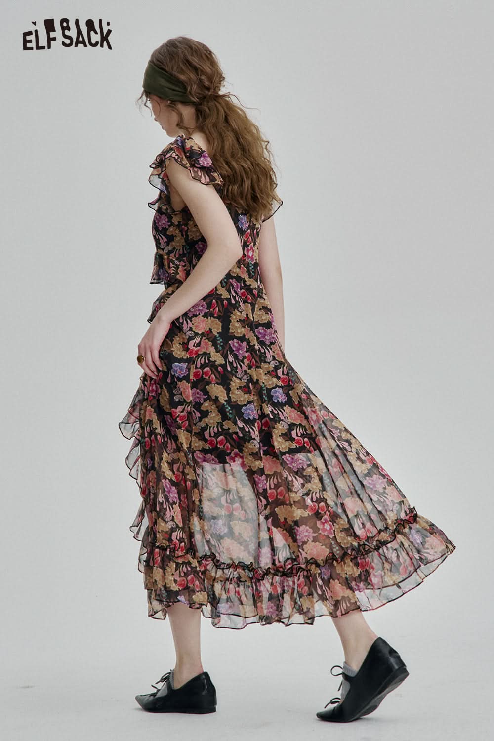 ELFSACK Elegant retro pleated ruffled short sleeves V-neck floral chiffon dress