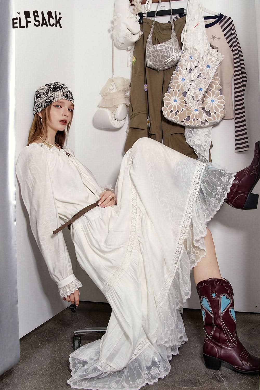 ELFSACK (Belt included) Pleated Puff Sleeve White Dress Women Elegant Vacation Lace Stitching Long Dress