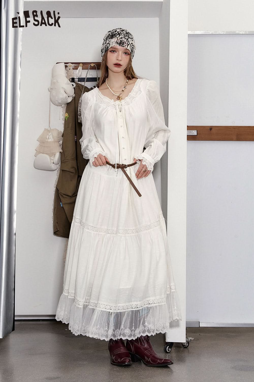 ELFSACK (Belt included) Pleated Puff Sleeve White Dress Women Elegant Vacation Lace Stitching Long Dress