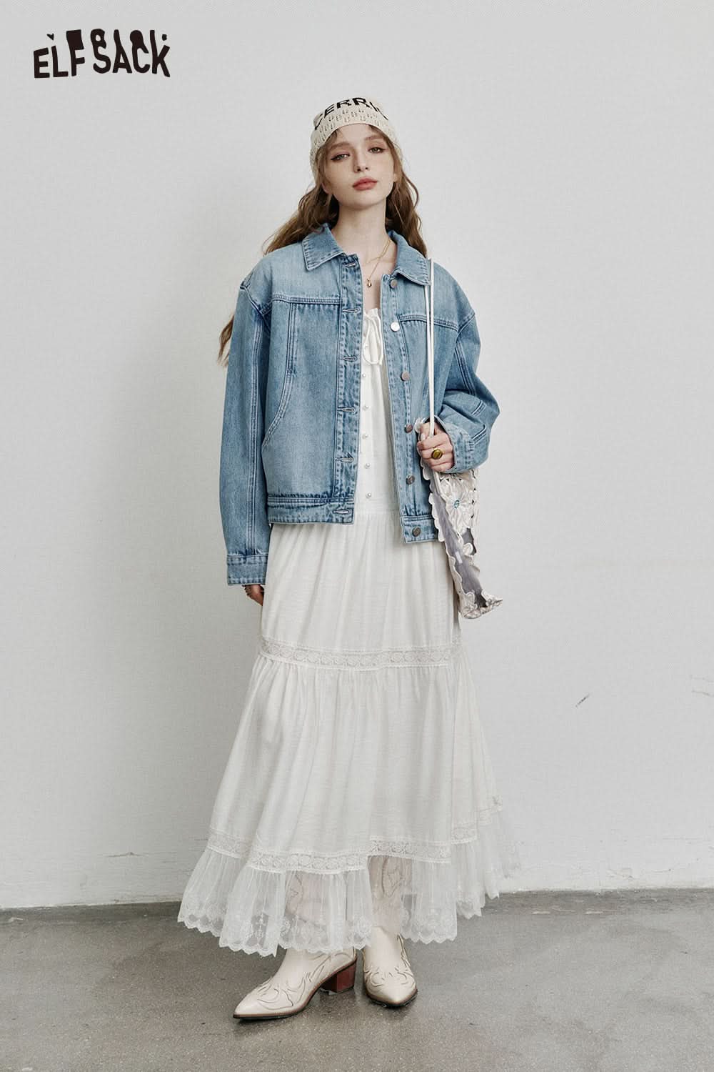 ELFSACK (Belt included) Pleated Puff Sleeve White Dress Women Elegant Vacation Lace Stitching Long Dress