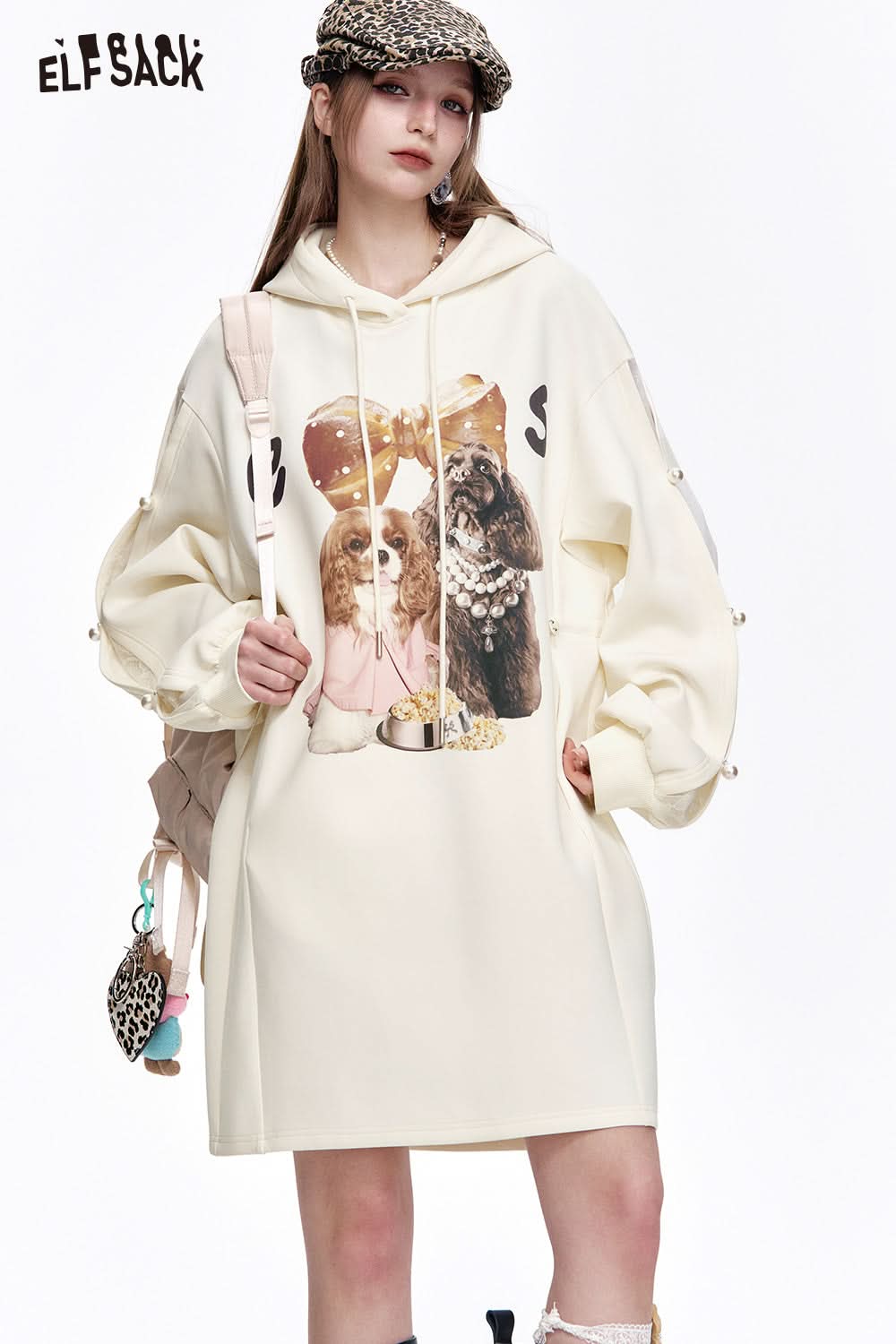 ELFSACK White Puppy Print Pearl Hollow Hoodie Dress Women's Loose Casual Long Sleeve Dress