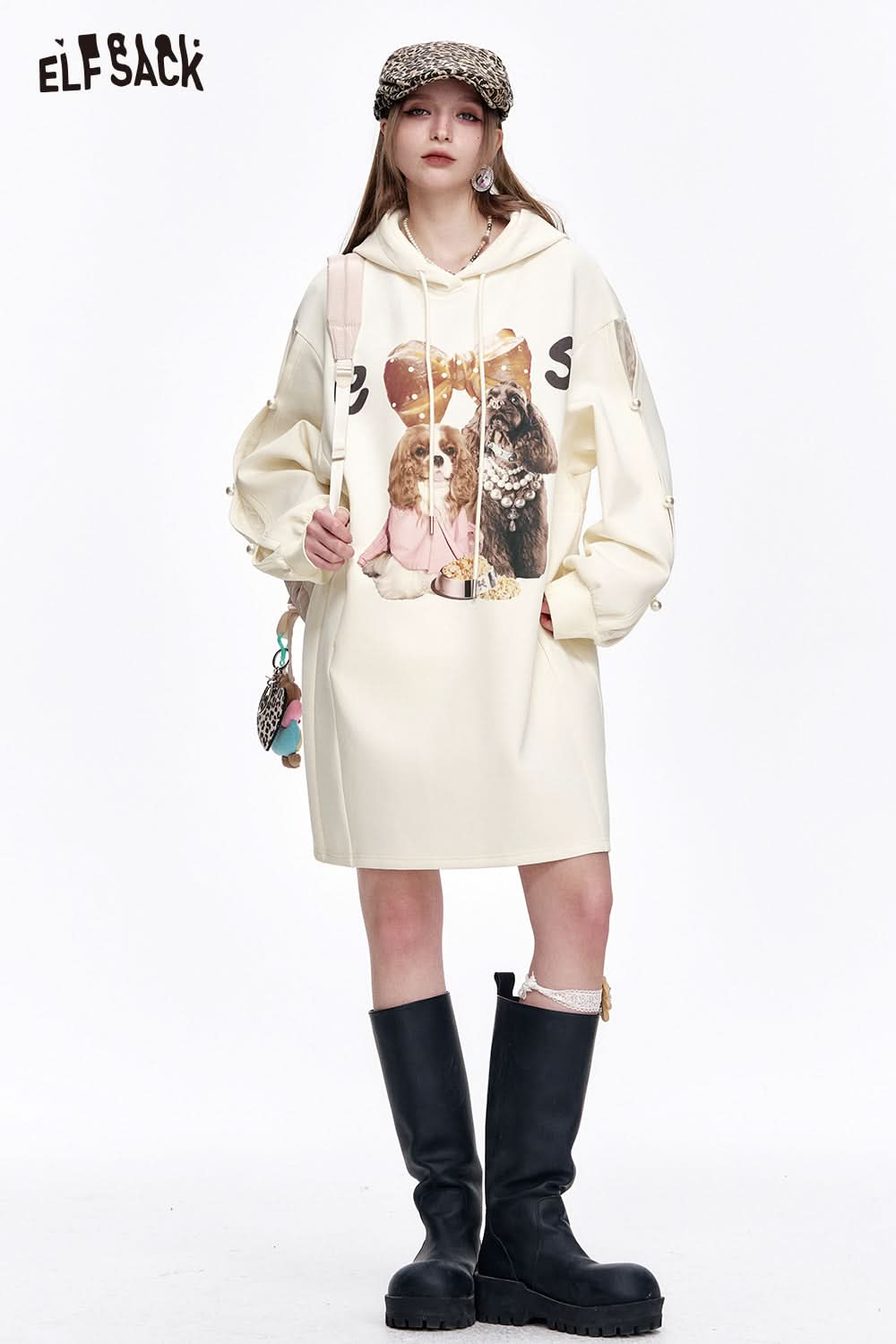 ELFSACK White Puppy Print Pearl Hollow Hoodie Dress Women's Loose Casual Long Sleeve Dress