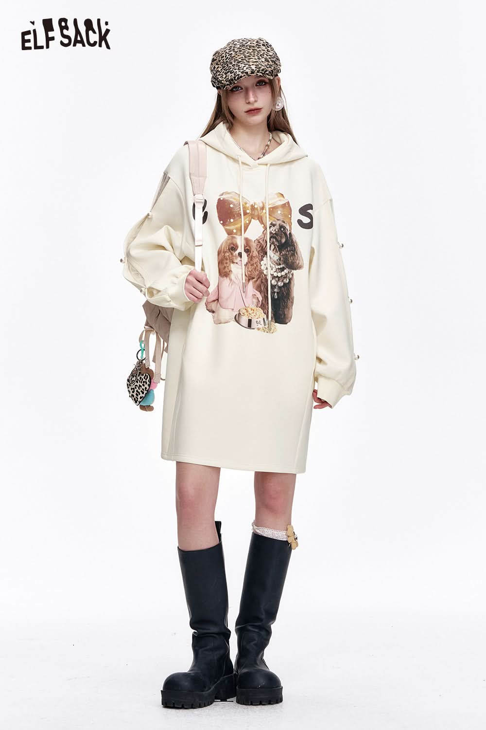ELFSACK White Puppy Print Pearl Hollow Hoodie Dress Women's Loose Casual Long Sleeve Dress