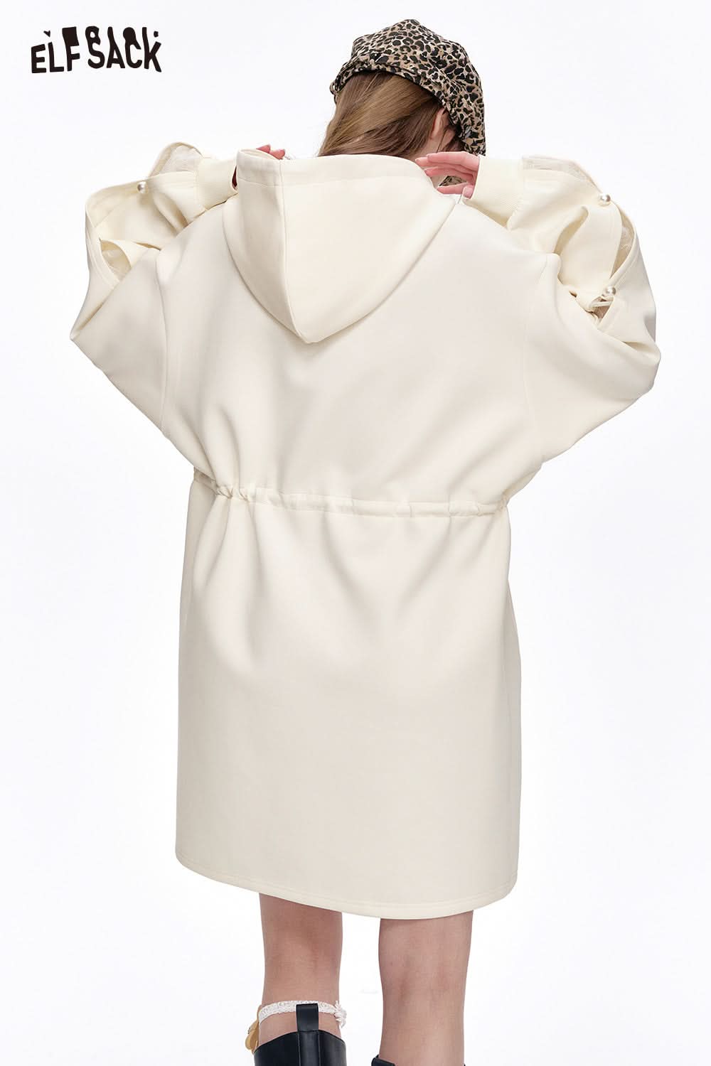 ELFSACK White Puppy Print Pearl Hollow Hoodie Dress Women's Loose Casual Long Sleeve Dress