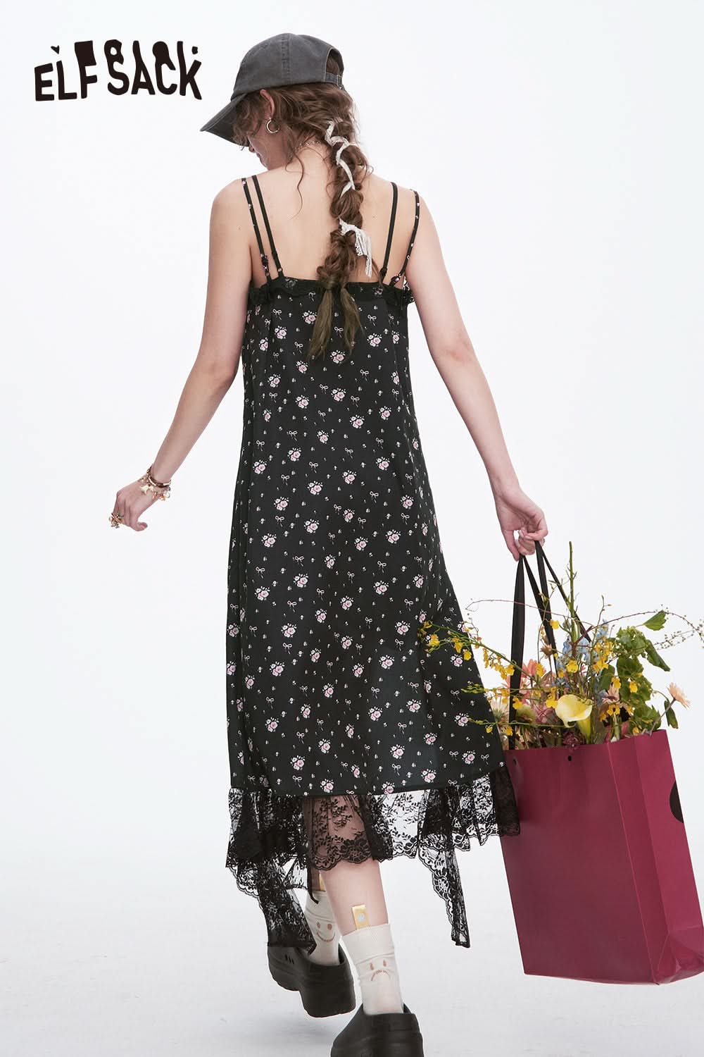 ELFSACK Y2K Black Floral Lace Sling Dress Women's Elegant Slit Sleeveless A-Line Dress