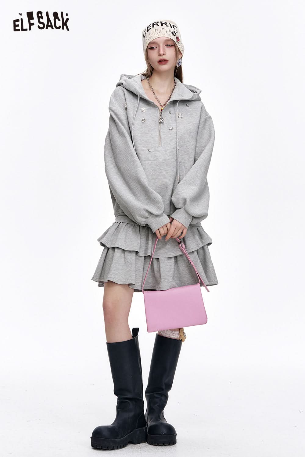 ELFSACK Diamond Grey Pleated Hoodie Dress Women Sweet Fluffy Dress