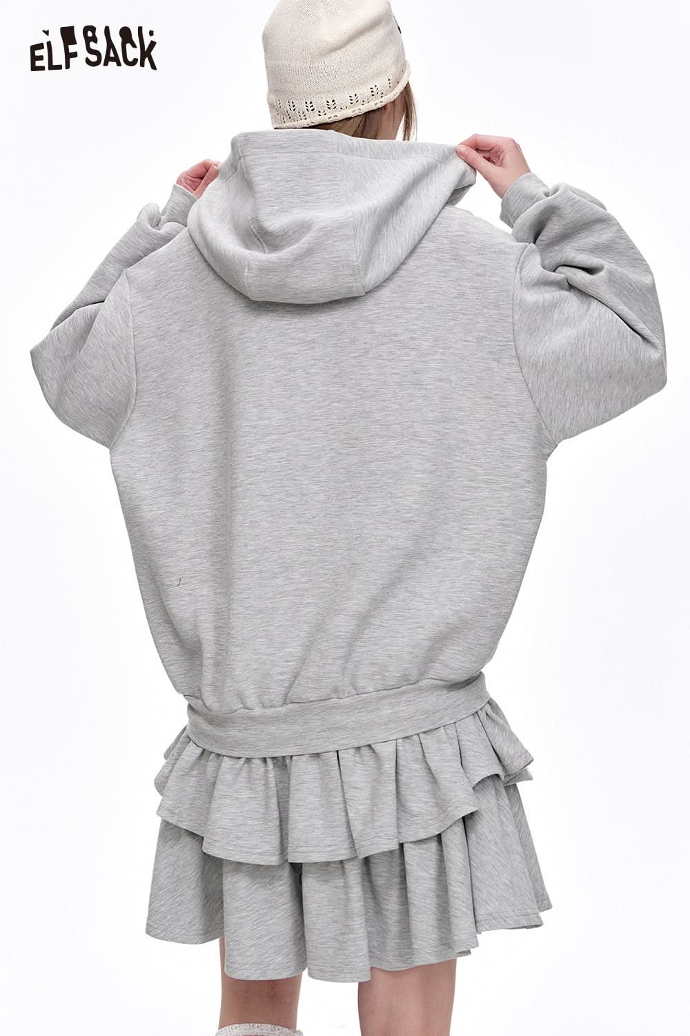 ELFSACK Diamond Grey Pleated Hoodie Dress Women Sweet Fluffy Dress