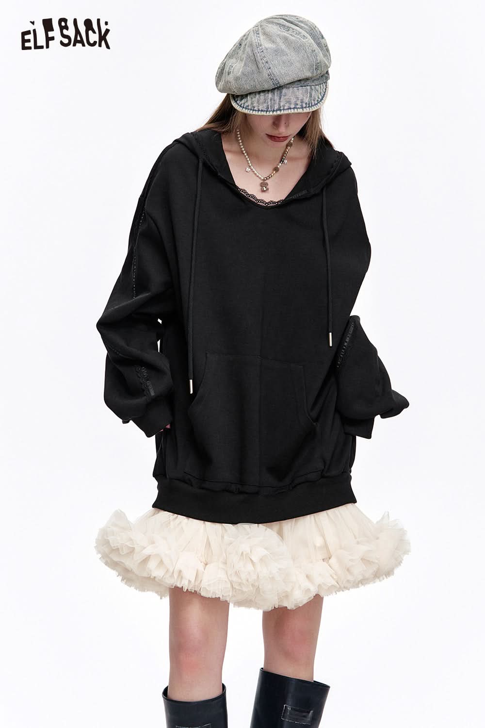 ELFSACK Y2K Mesh Splicing Printed Black Long Sleeve Hoodie Dress Women