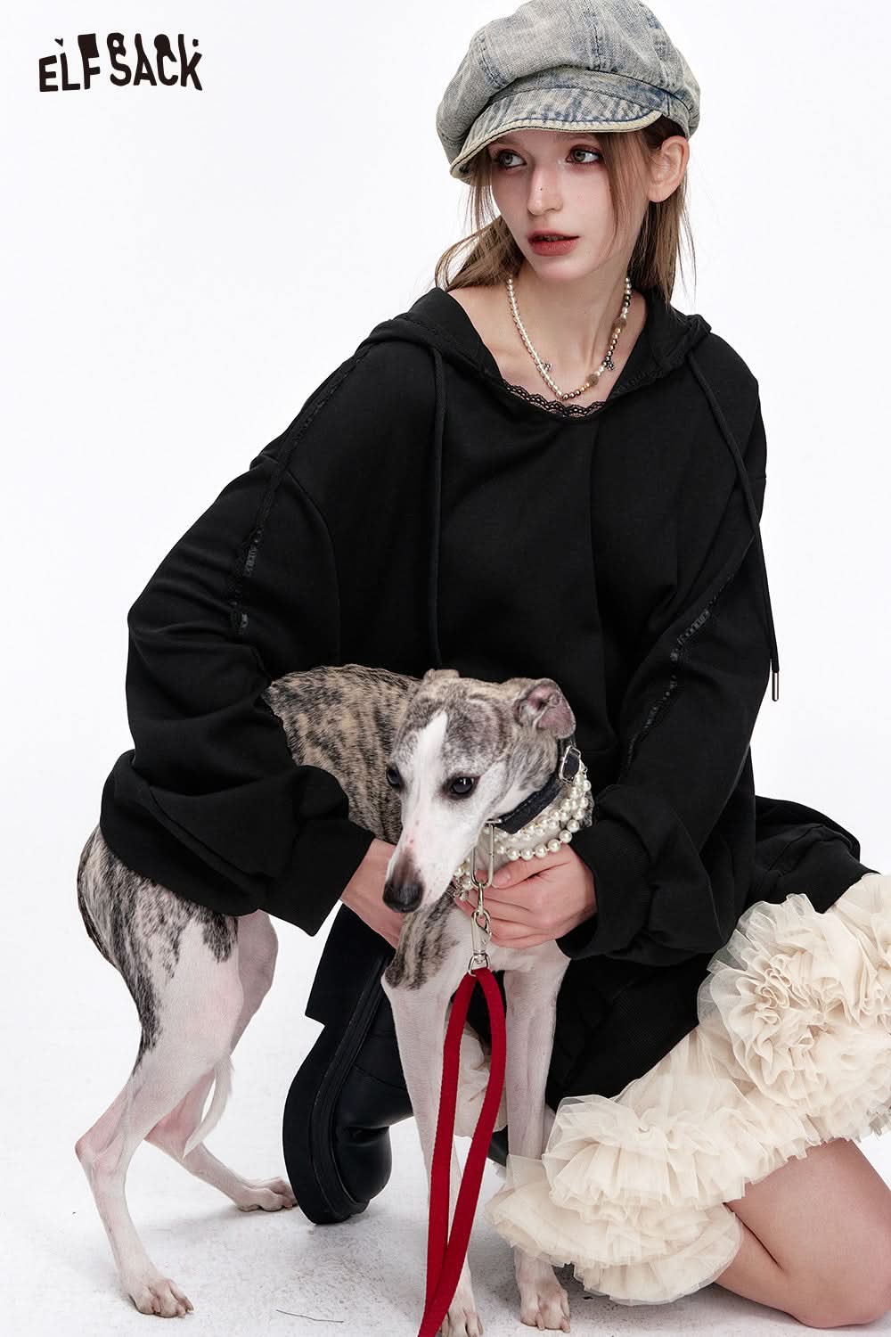 ELFSACK Y2K Mesh Splicing Printed Black Long Sleeve Hoodie Dress Women