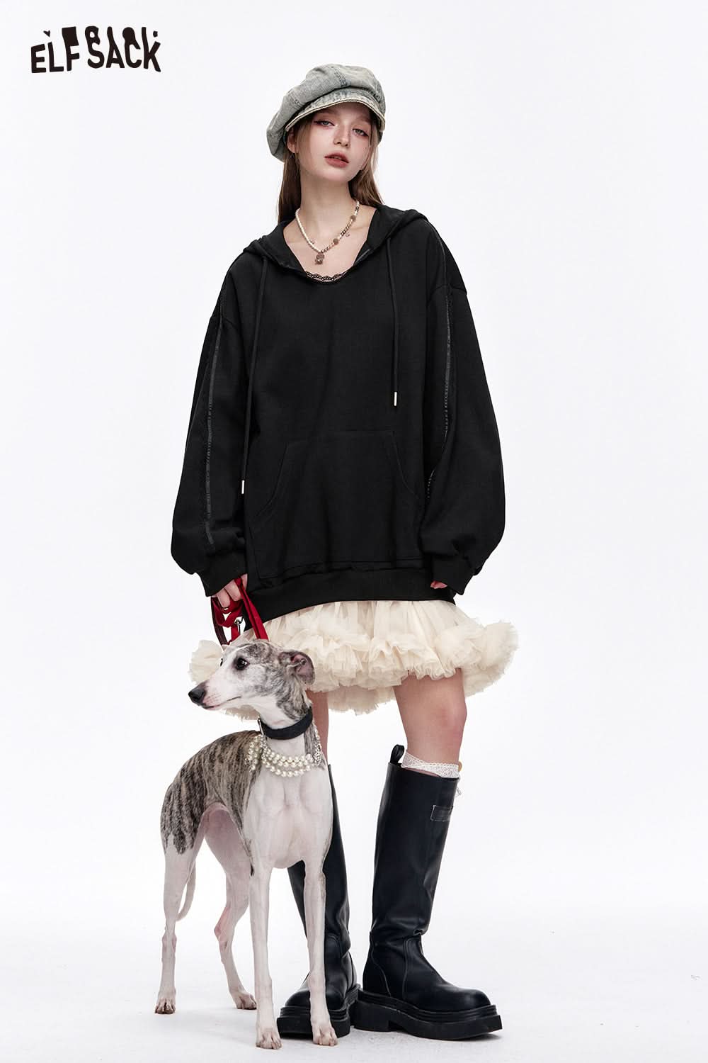 ELFSACK Y2K Mesh Splicing Printed Black Long Sleeve Hoodie Dress Women