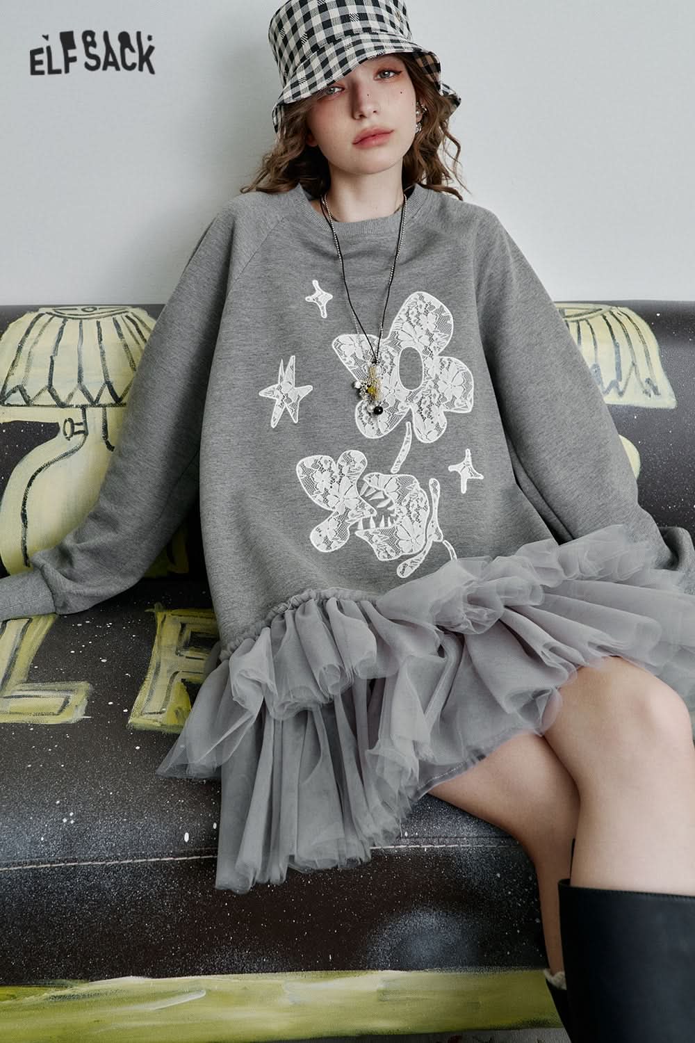 ELFSACK Gray printed pleated layered mesh patchwork sweatshirt dress