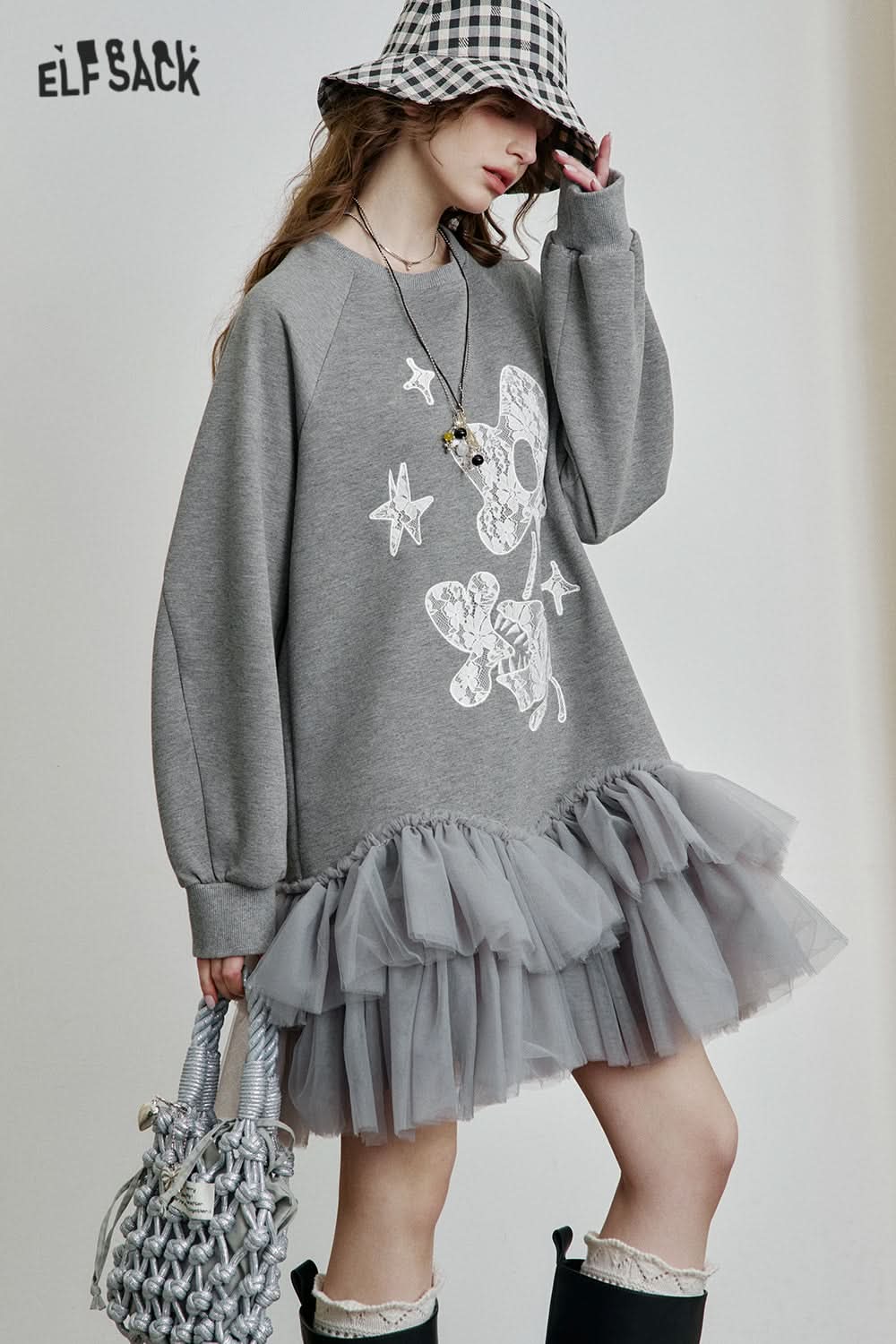 ELFSACK Gray printed pleated layered mesh patchwork sweatshirt dress