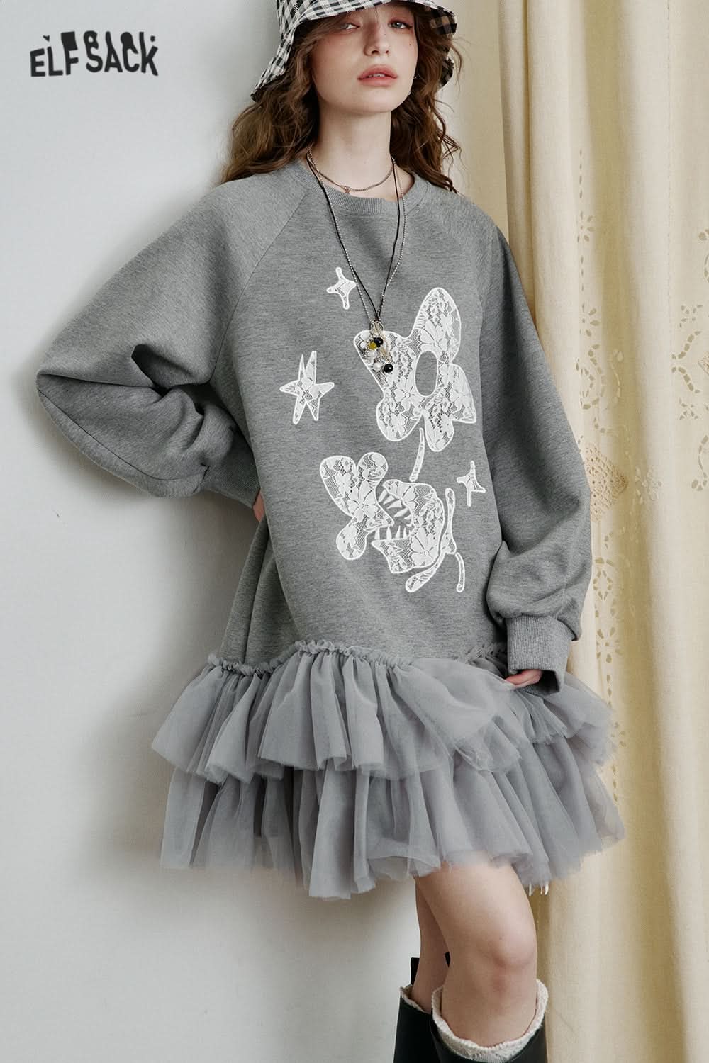 ELFSACK Gray printed pleated layered mesh patchwork sweatshirt dress