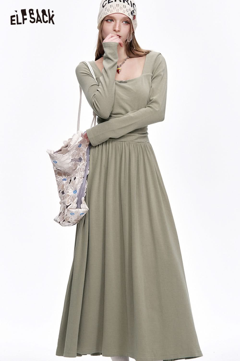 ELFSACK Elegant Grey Pleated Square Neck Long Sleeve Slim Fit Dress Women