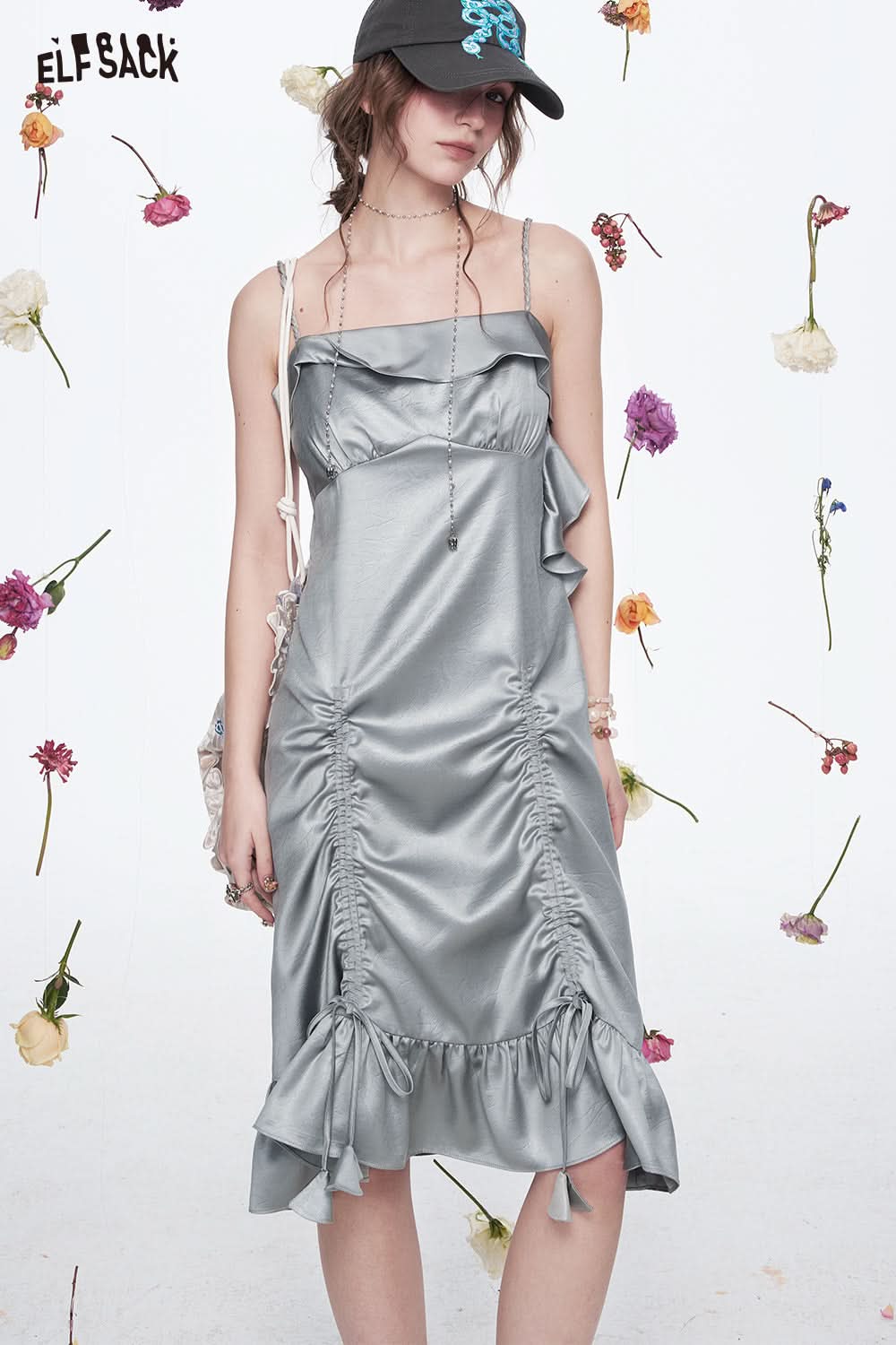 ELFSACK Grey Pleated Sleeveless Dress Women Sexy Party Club Y2K Outfits