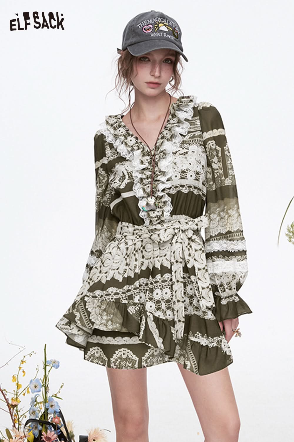 ELFSACK Vintage Print Lace Ruffles Pleated Long Sleeve Mini Dress