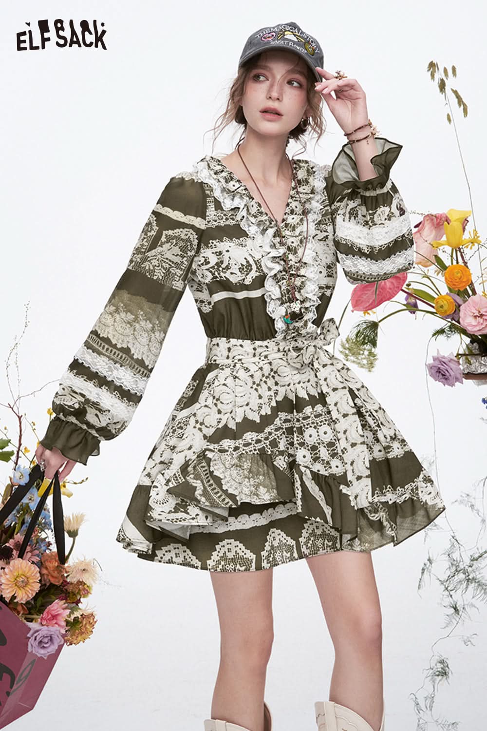 ELFSACK Vintage Print Lace Ruffles Pleated Long Sleeve Mini Dress