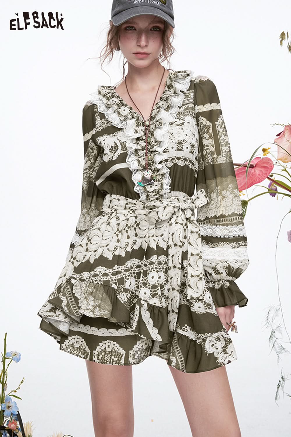 ELFSACK Vintage Print Lace Ruffles Pleated Long Sleeve Mini Dress