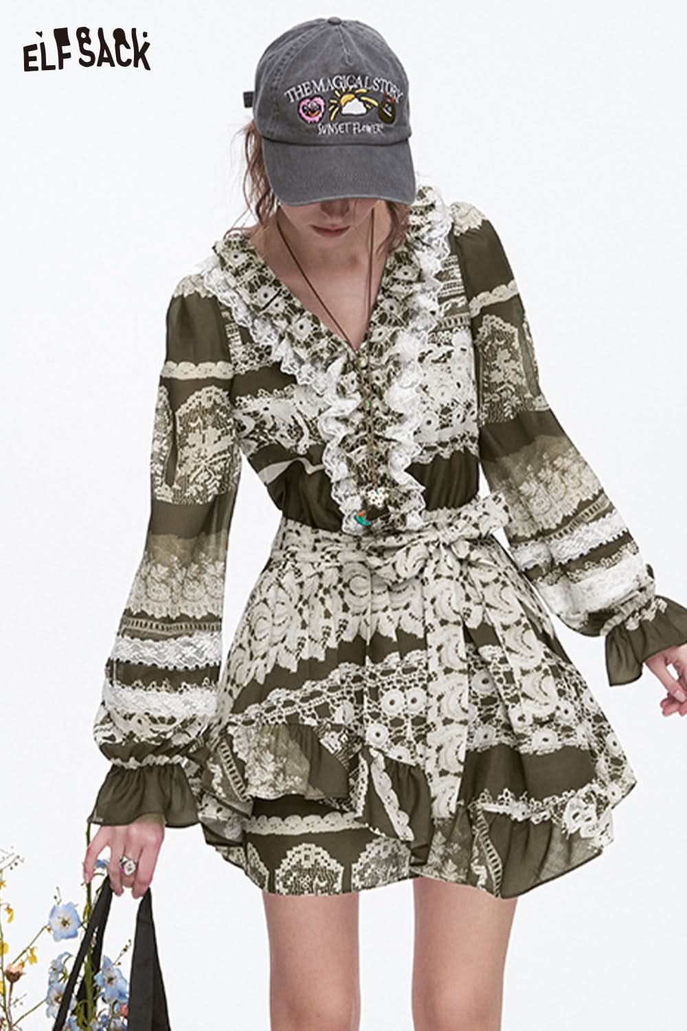 ELFSACK Vintage Print Lace Ruffles Pleated Long Sleeve Mini Dress