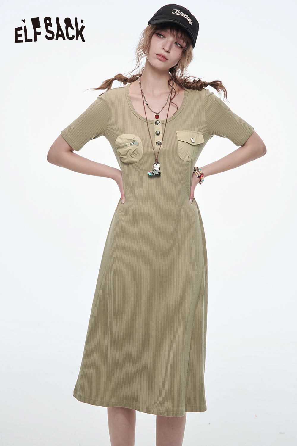 ELFSACK Retro Slim Fit Short Sleeve Dress Women Buttons Pockets O-neck A-line Dress