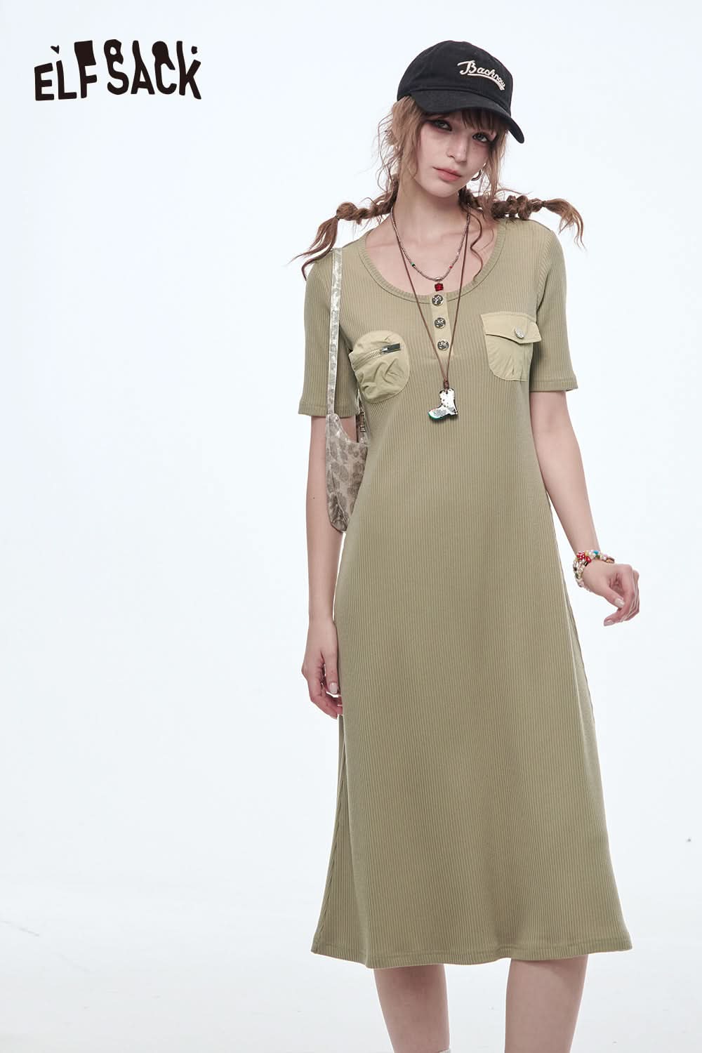 ELFSACK Retro Slim Fit Short Sleeve Dress Women Buttons Pockets O-neck A-line Dress