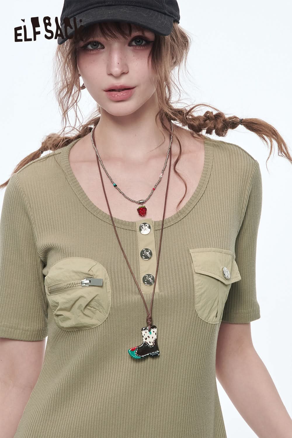 ELFSACK Retro Slim Fit Short Sleeve Dress Women Buttons Pockets O-neck A-line Dress