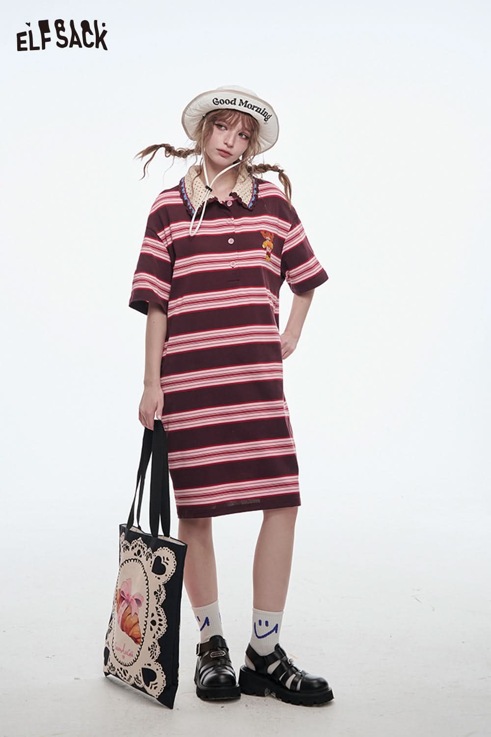 ELFSACK Preppy Style Polo Neck Striped T-shirt Dress Women Sweet Kawaii Short Sleeve Dress