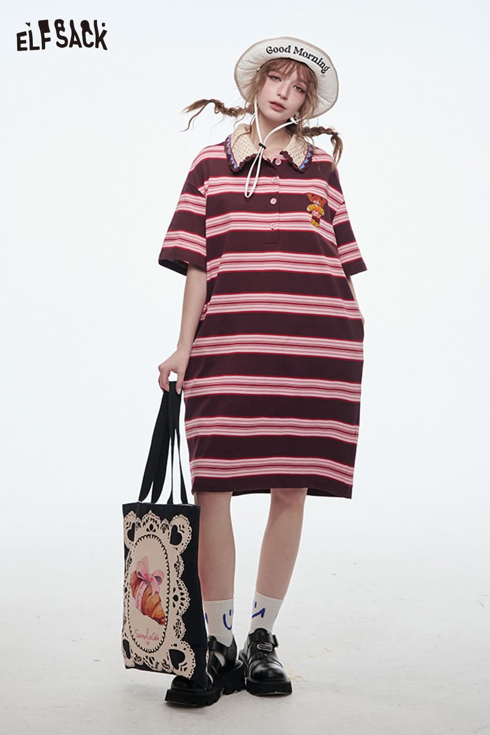 ELFSACK Preppy Style Polo Neck Striped T-shirt Dress Women Sweet Kawaii Short Sleeve Dress