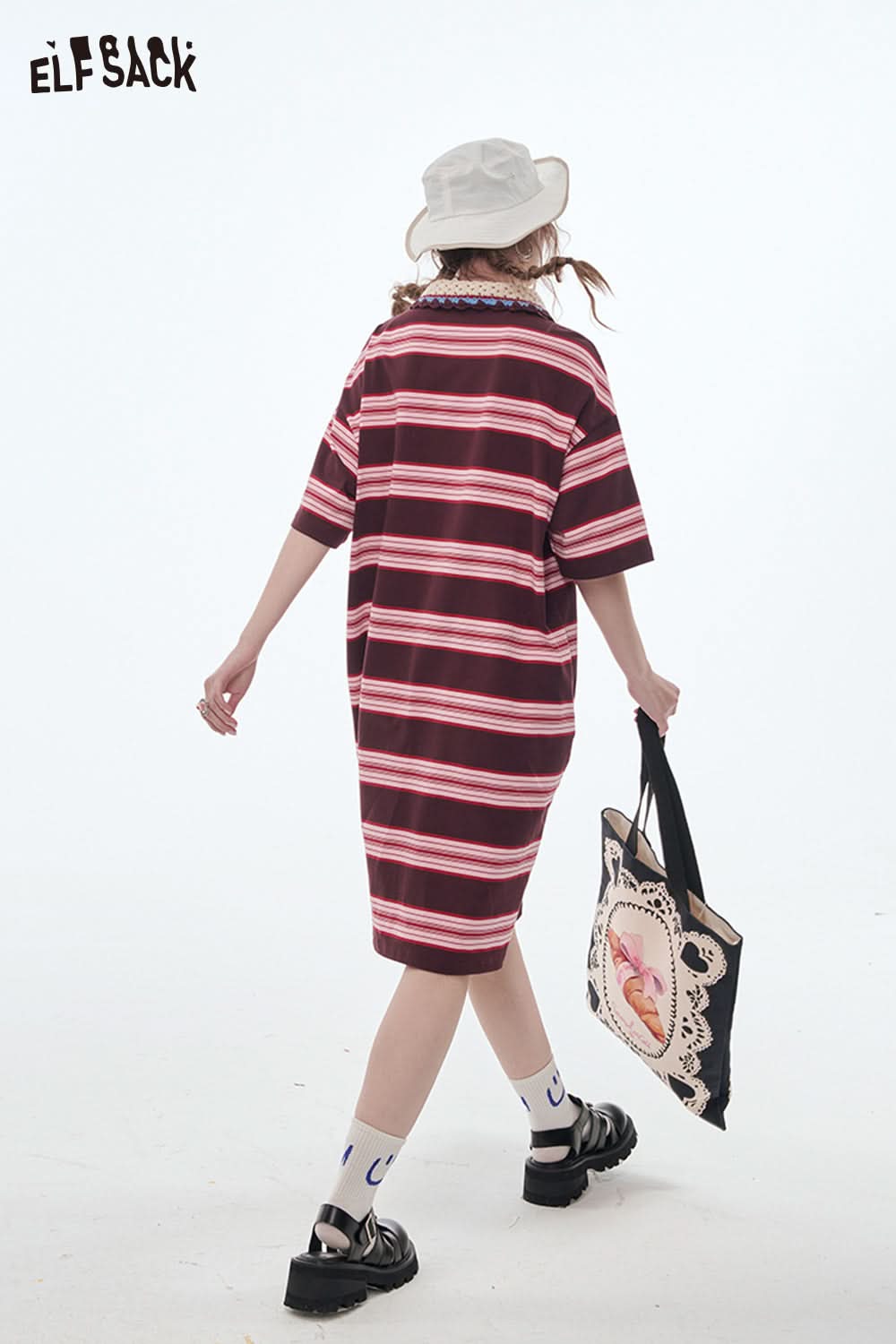 ELFSACK Preppy Style Polo Neck Striped T-shirt Dress Women Sweet Kawaii Short Sleeve Dress