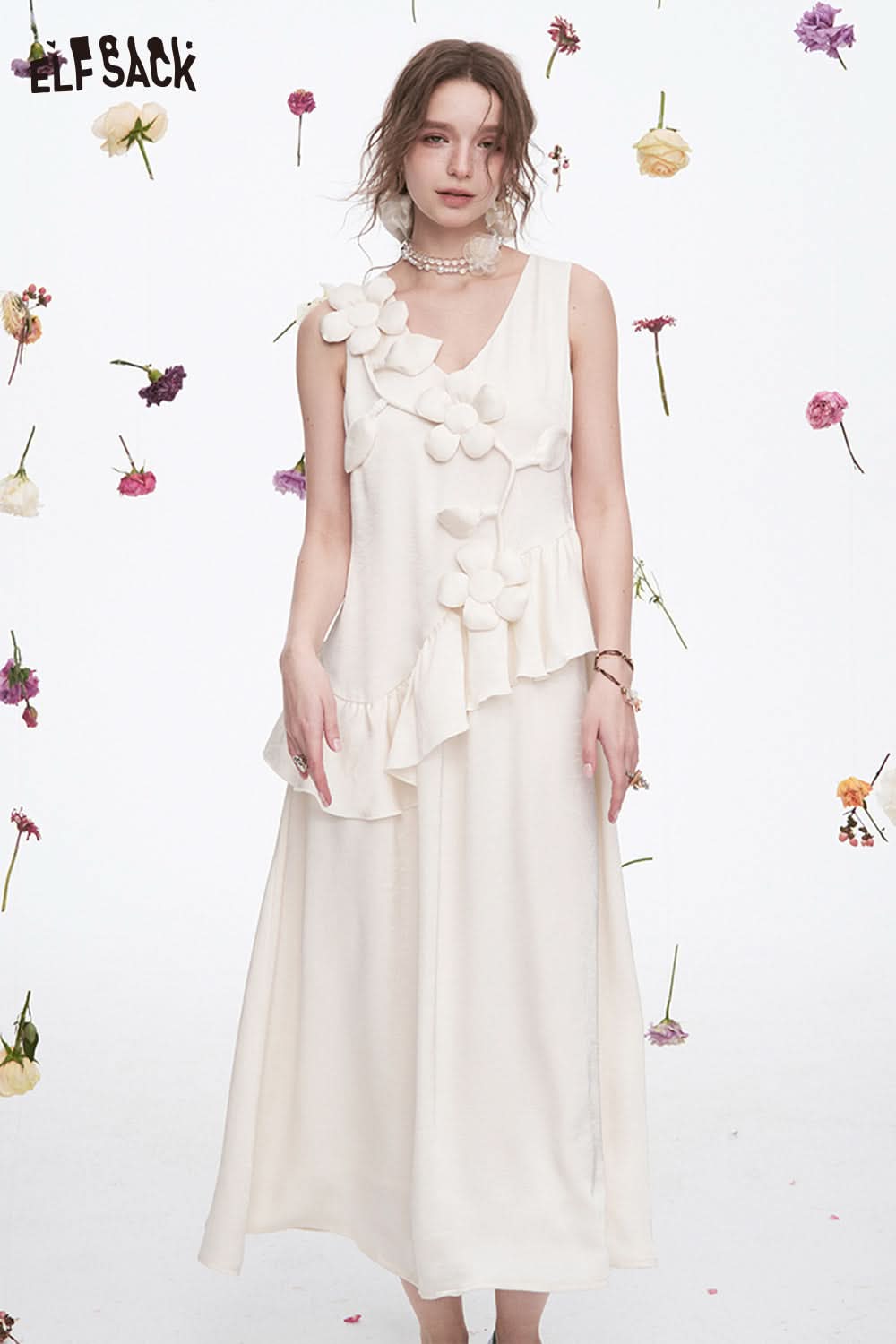 ELFSACK Vacation Elegant White Flower Sleeveless V-Neck Dress