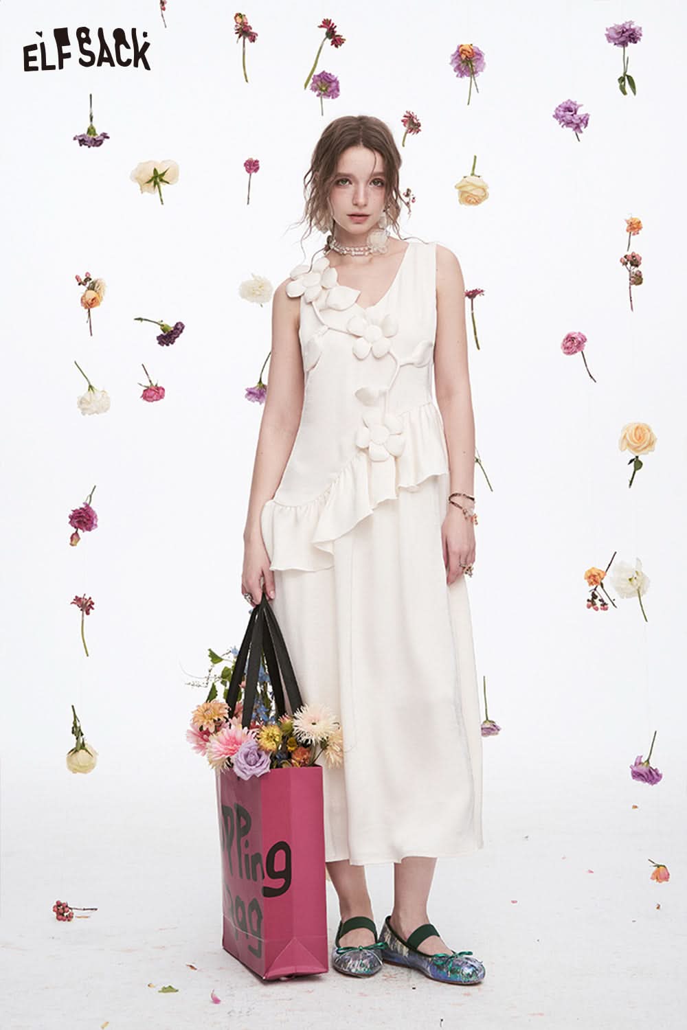 ELFSACK Vacation Elegant White Flower Sleeveless V-Neck Dress